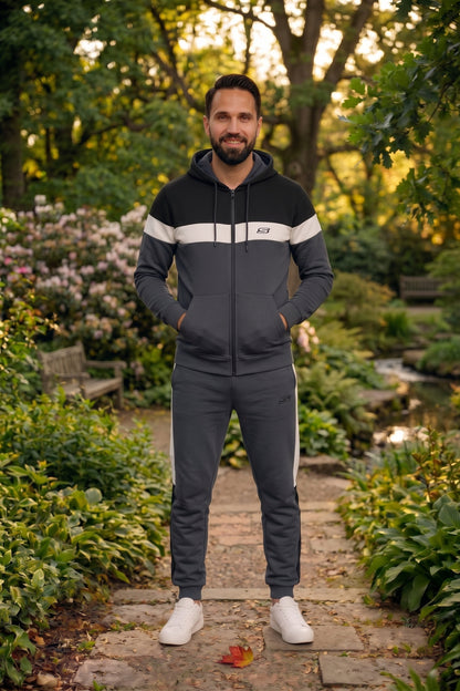 Gray and black and white micro fleece tracksuit for men, featuring a comfortable, stylish design by My Store.