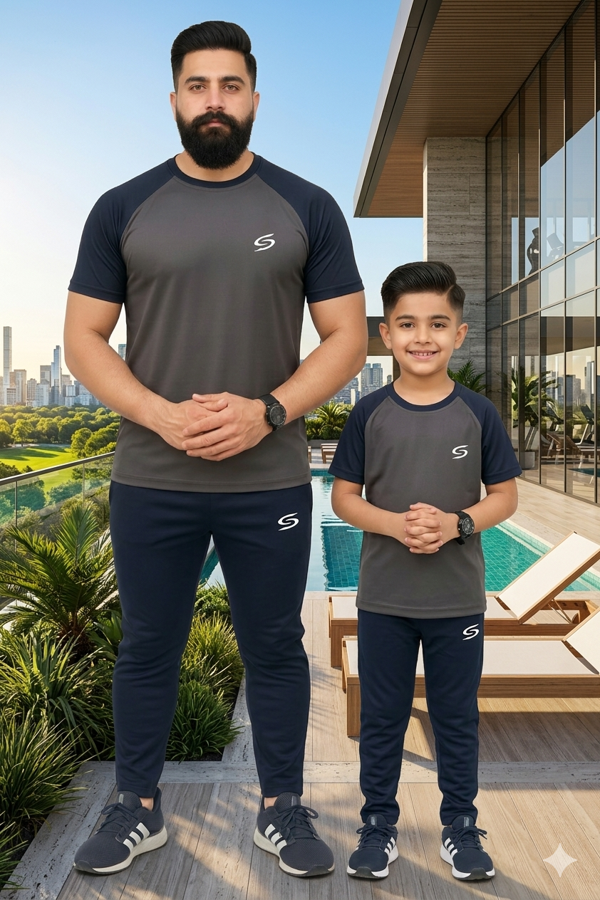 Grey and navy blue combo T-shirt for father and son from Superwear, showcasing matching sibling style with casual design.