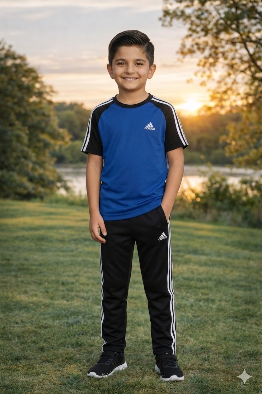 Kid's dry-fit tracksuit in royal blue and black by Superwear, featuring a comfortable athletic design for active children.
