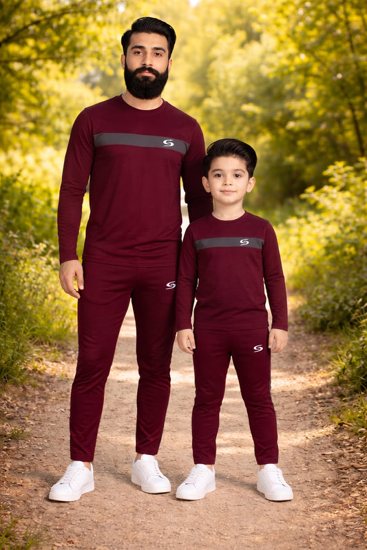 Long sleeve "Like Father Like Son" shirt in maroon and gray from Superwear, featuring a matching family design.