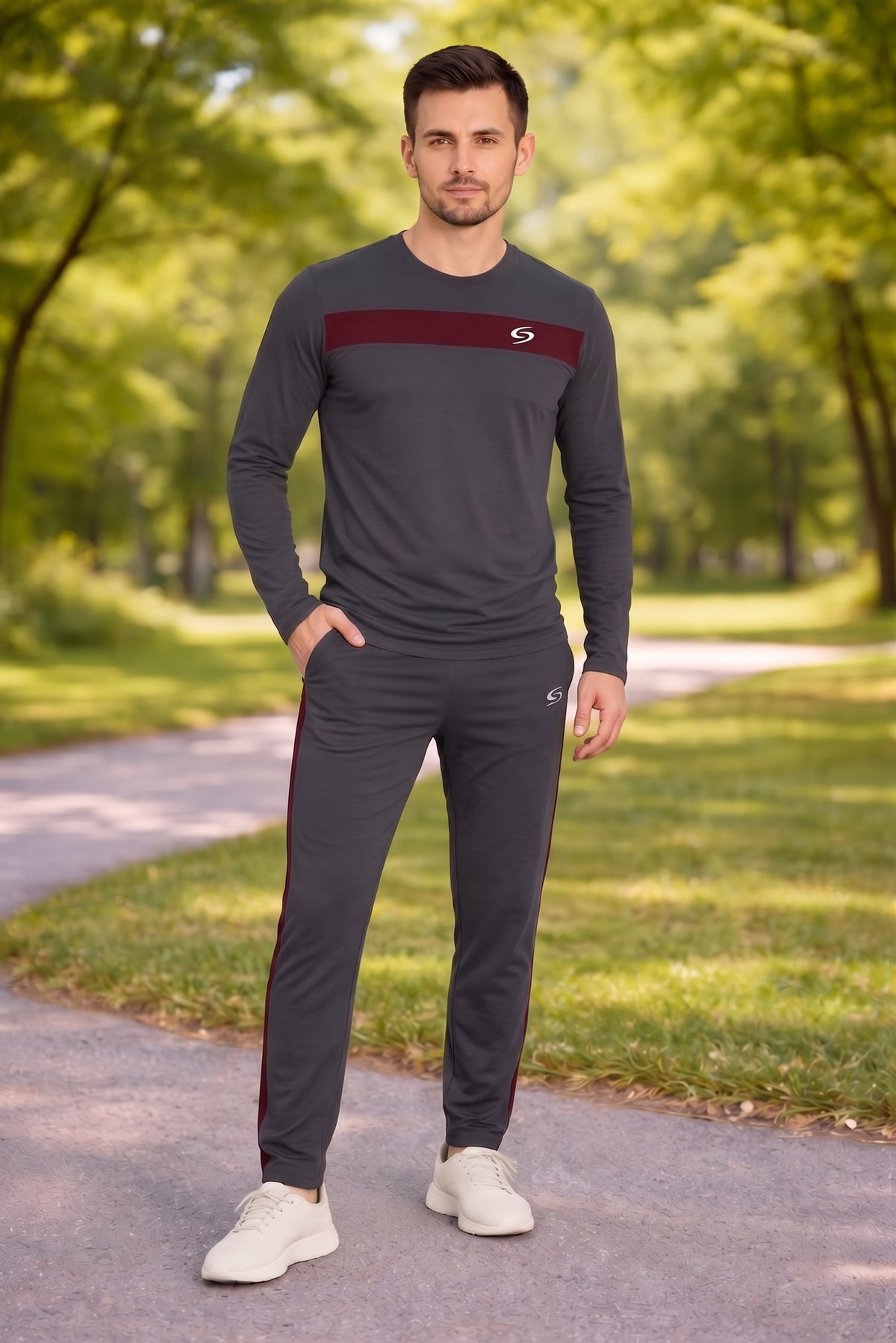 Men’s grey and maroon dry-fit tracksuit with long sleeves, stylish athletic wear from My Store.