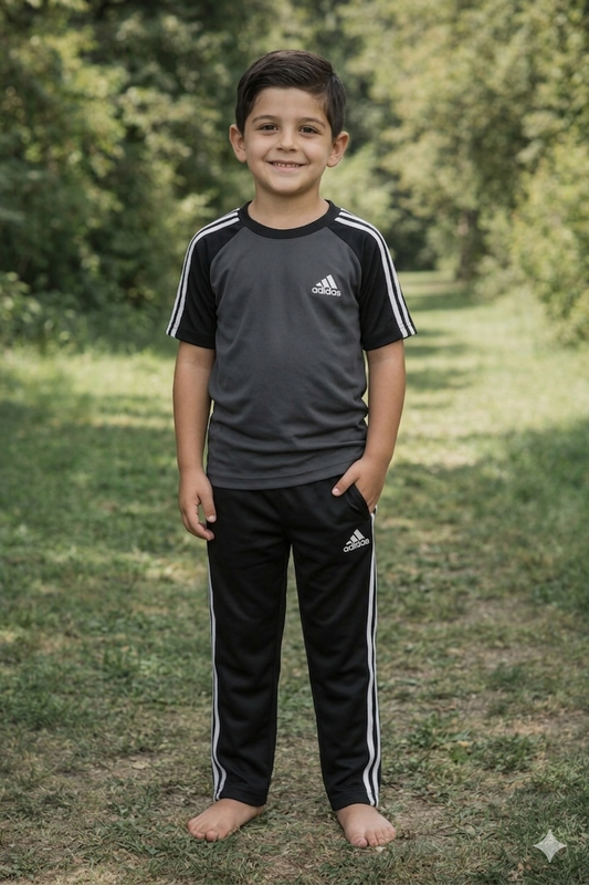 Kids' gray and black dry-fit tracksuit by Superwear, featuring a comfortable athletic design for active wear.