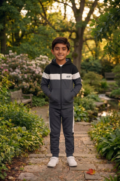Kid's premium gray, black, and white tracksuit from Kid's Only, featuring a comfortable, stylish design suitable for active wear.