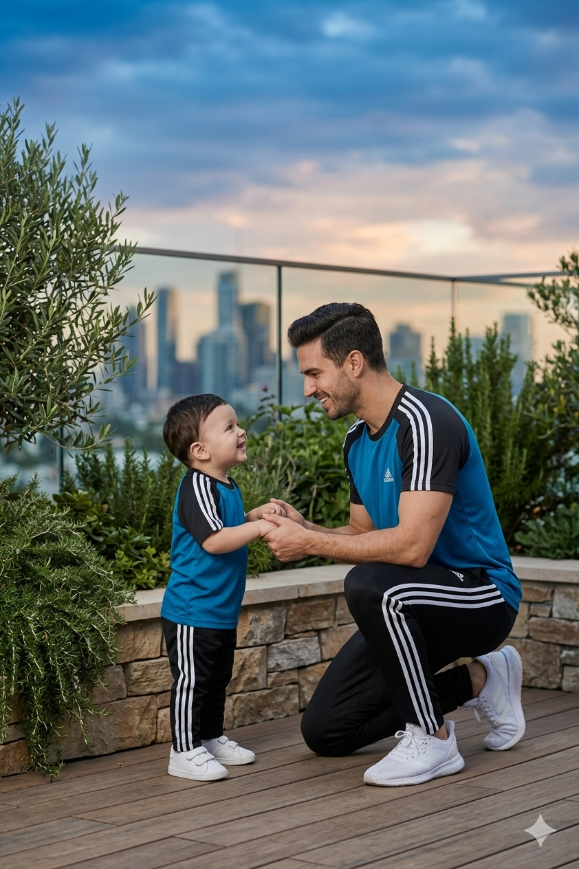 Superwear Like Father Like Son Adi T-shirt in peacock blue and black, featuring a comfortable, stylish design for men and boys.