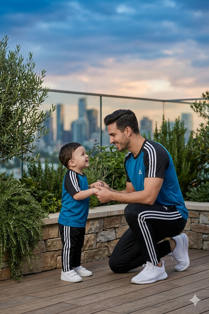 Superwear Like Father Like Son Adi T-shirt in peacock blue and black, featuring a comfortable, stylish design for men and boys.