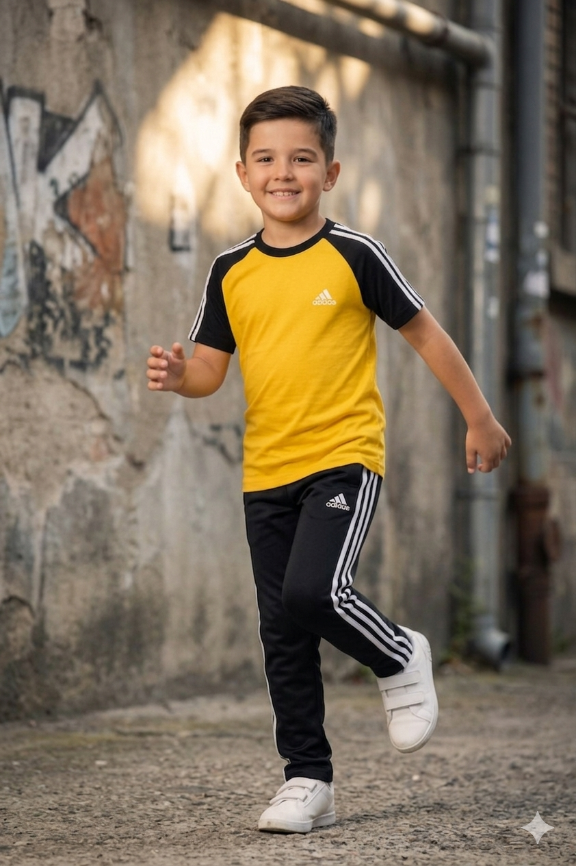 Kids' dry-fit tracksuit in yellow and black by Superwear, featuring a sporty design for active play and comfort.