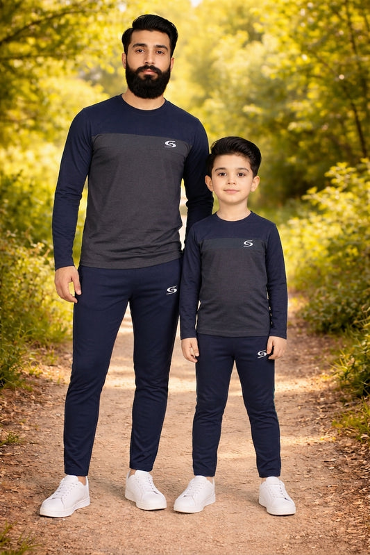 Navy blue and gray long sleeve shirt for men and boys, like father like son matching outfits by Superwear.