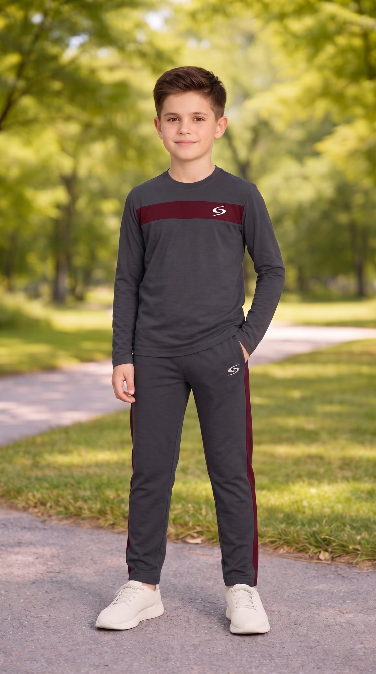 Kids' gray and maroon dry-fit tracksuit by Superwear, featuring a long sleeve top with sporty style and comfortable fit.