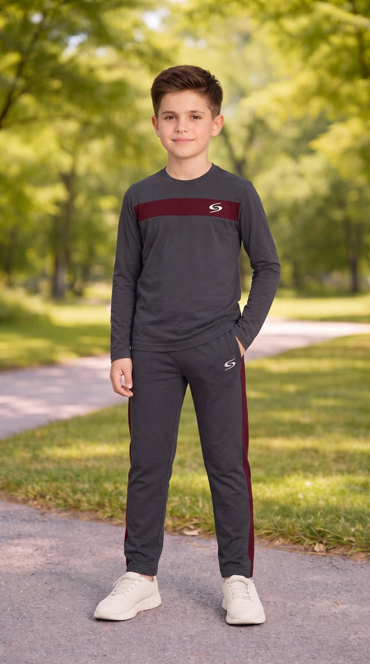 Kids' gray and maroon dry-fit tracksuit by Superwear, featuring a long sleeve top with sporty style and comfortable fit.