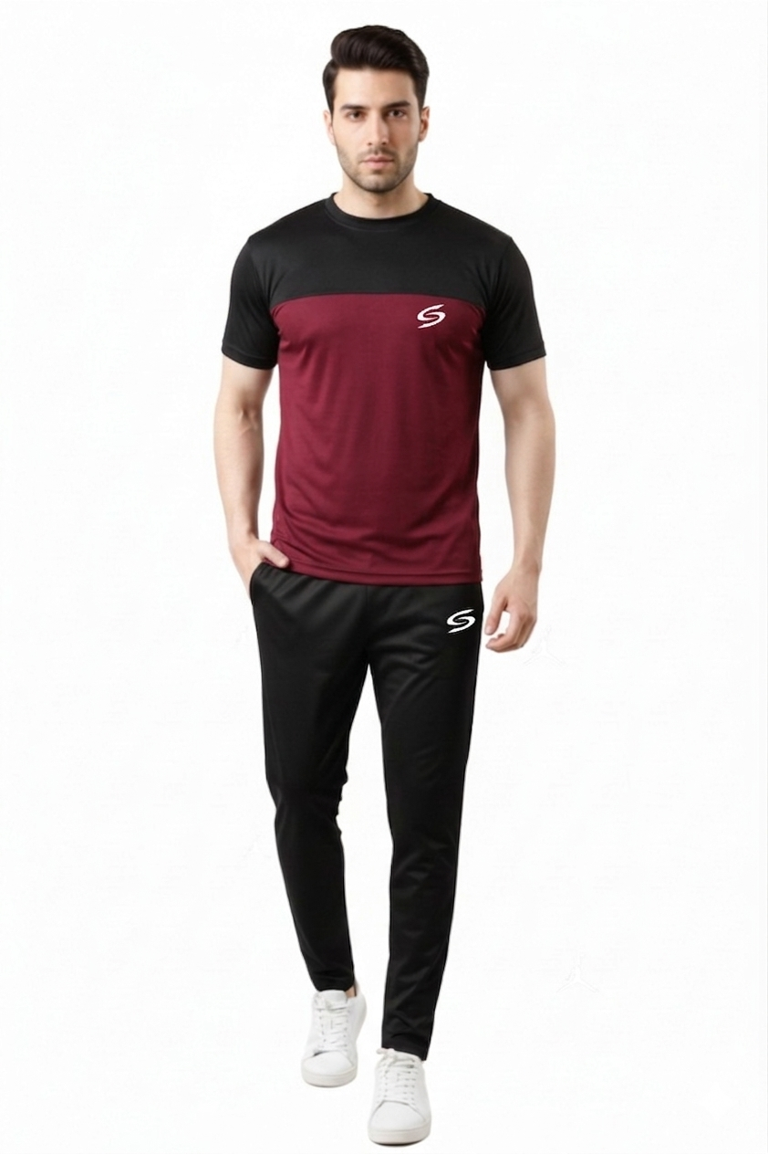Men's maroon and black dry-fit tracksuit with a sporty design, suitable for athletic wear or casual activities.
