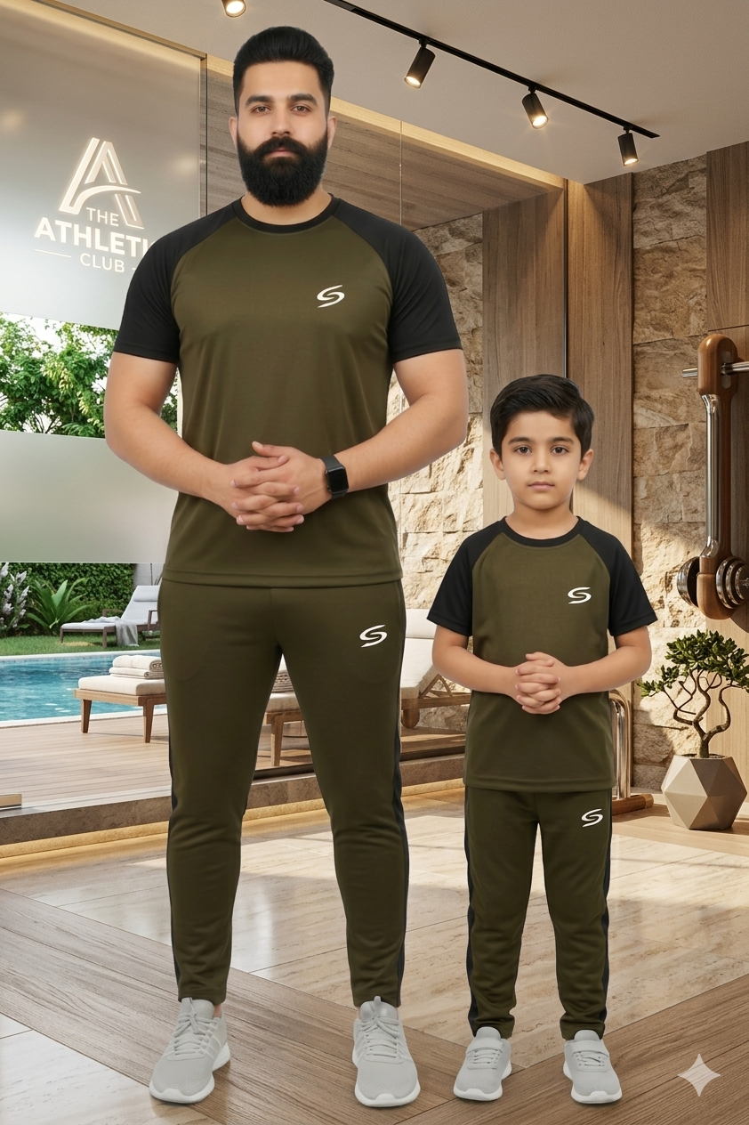 Superwear Like Father Like Son dry-fit tracksuit in olive green and black, featuring a comfortable athletic fit for men and boys.
