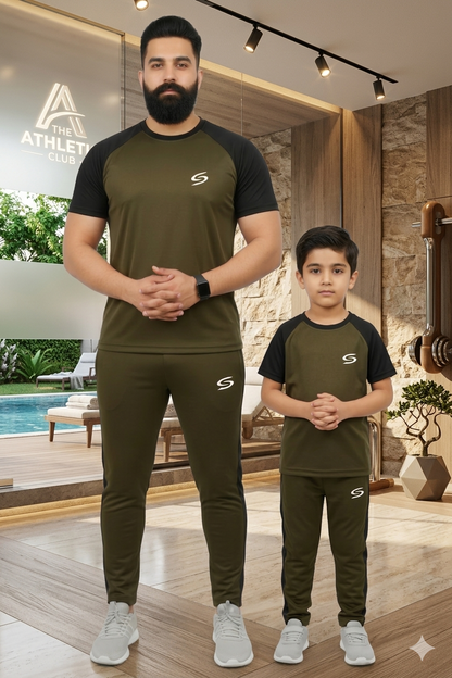 Superwear Like Father Like Son dry-fit tracksuit in olive green and black, featuring a comfortable athletic fit for men and boys.