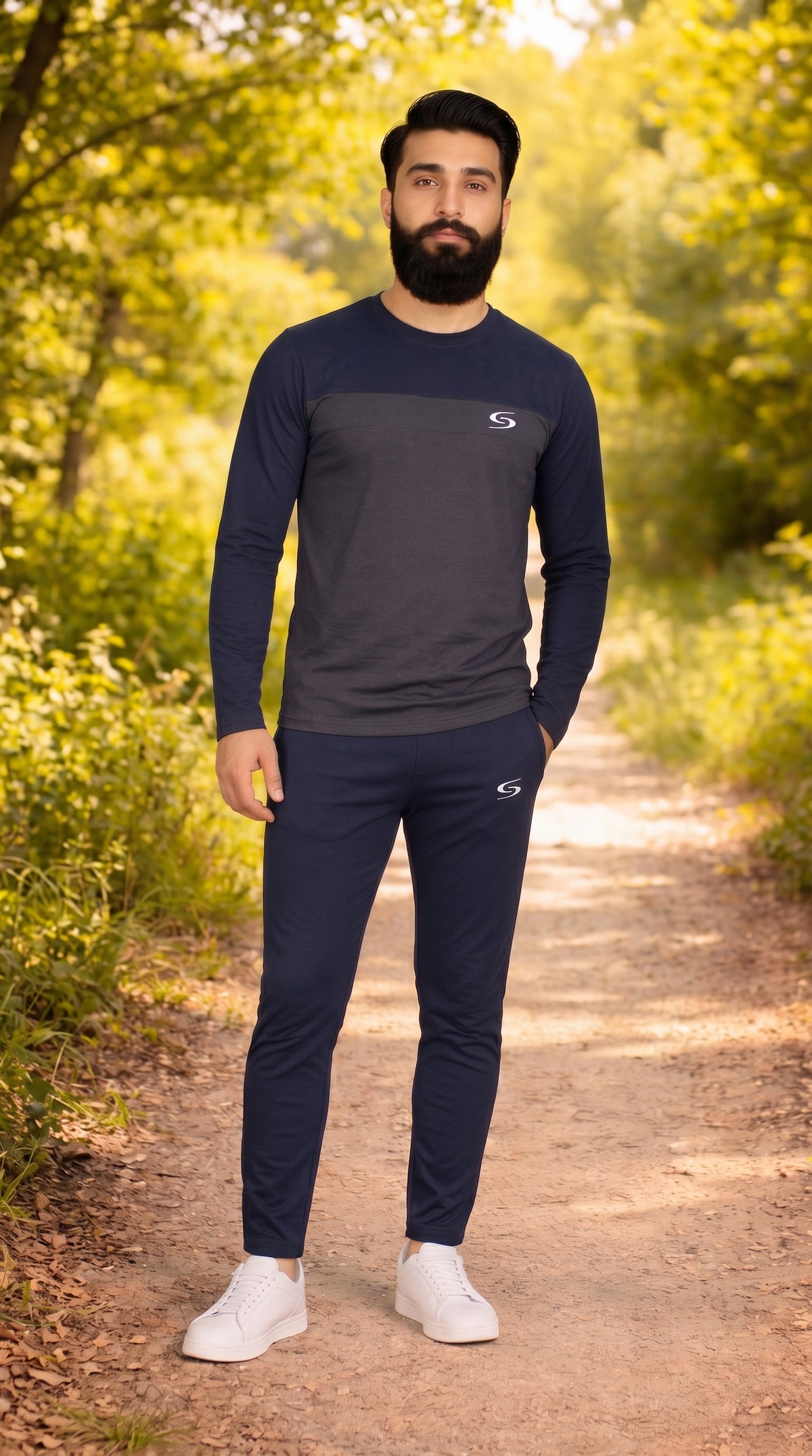 Men’s gray and navy dry-fit tracksuit with long sleeves, sportswear by My Store, designed for active wear and comfort.