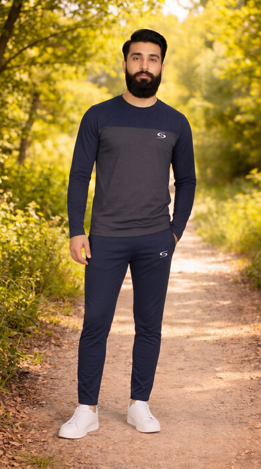 Men’s gray and navy dry-fit tracksuit with long sleeves, sportswear by My Store, designed for active wear and comfort.