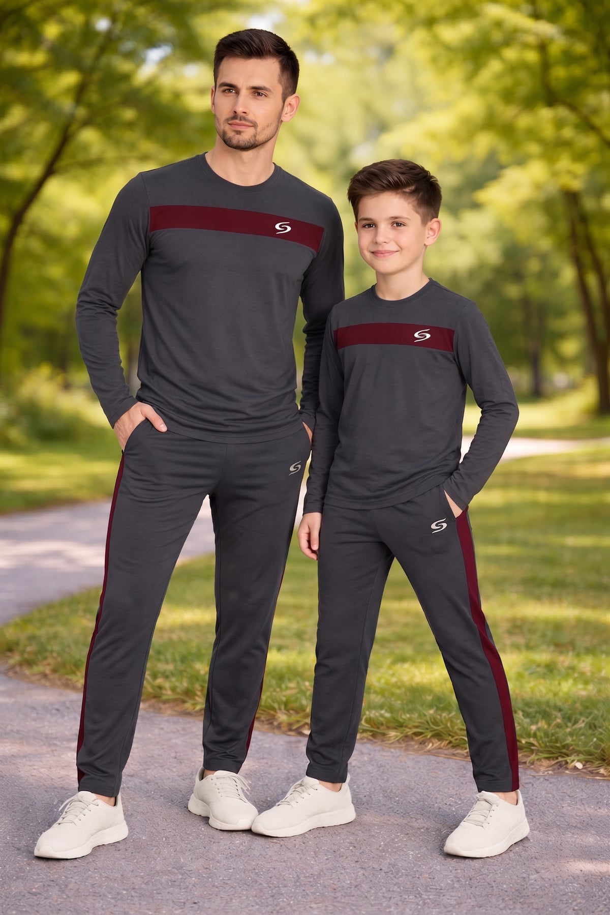 Gray and maroon long sleeve shirt for father and son from Superwear's Like Father Like Son collection, featuring matching family apparel.