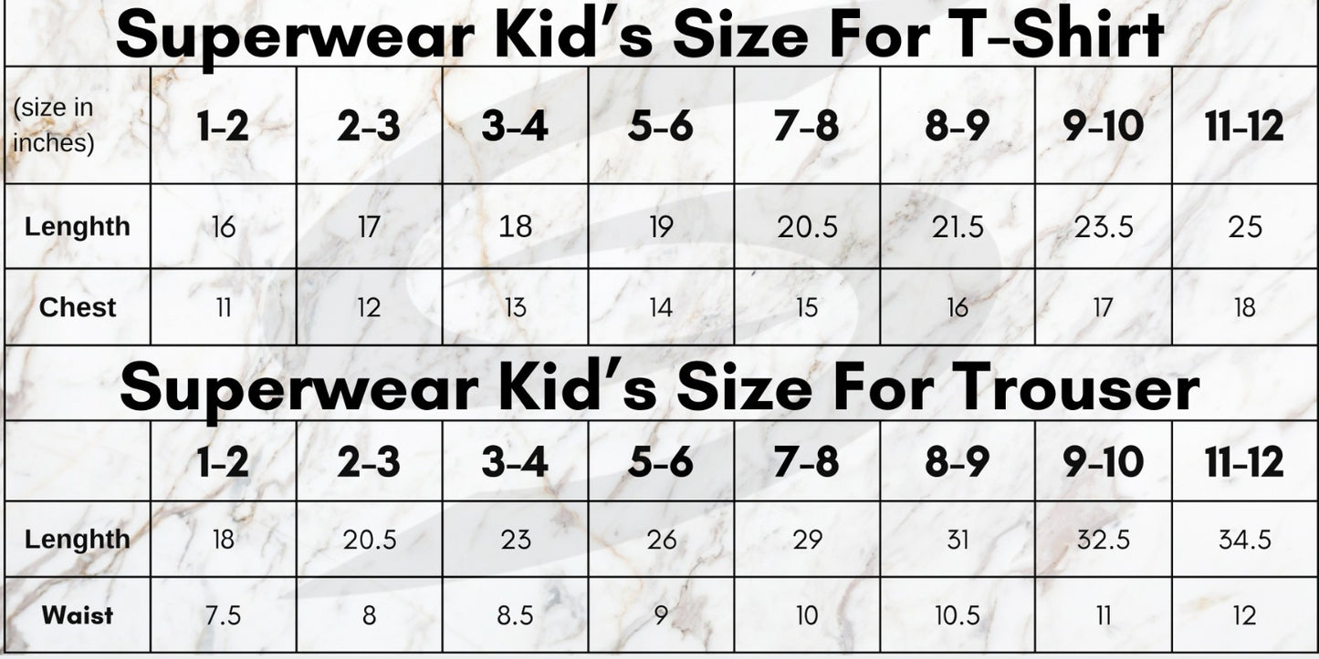 Kids size chart for Superwear's Like Father Like Son navy blue and gray combo clothing.