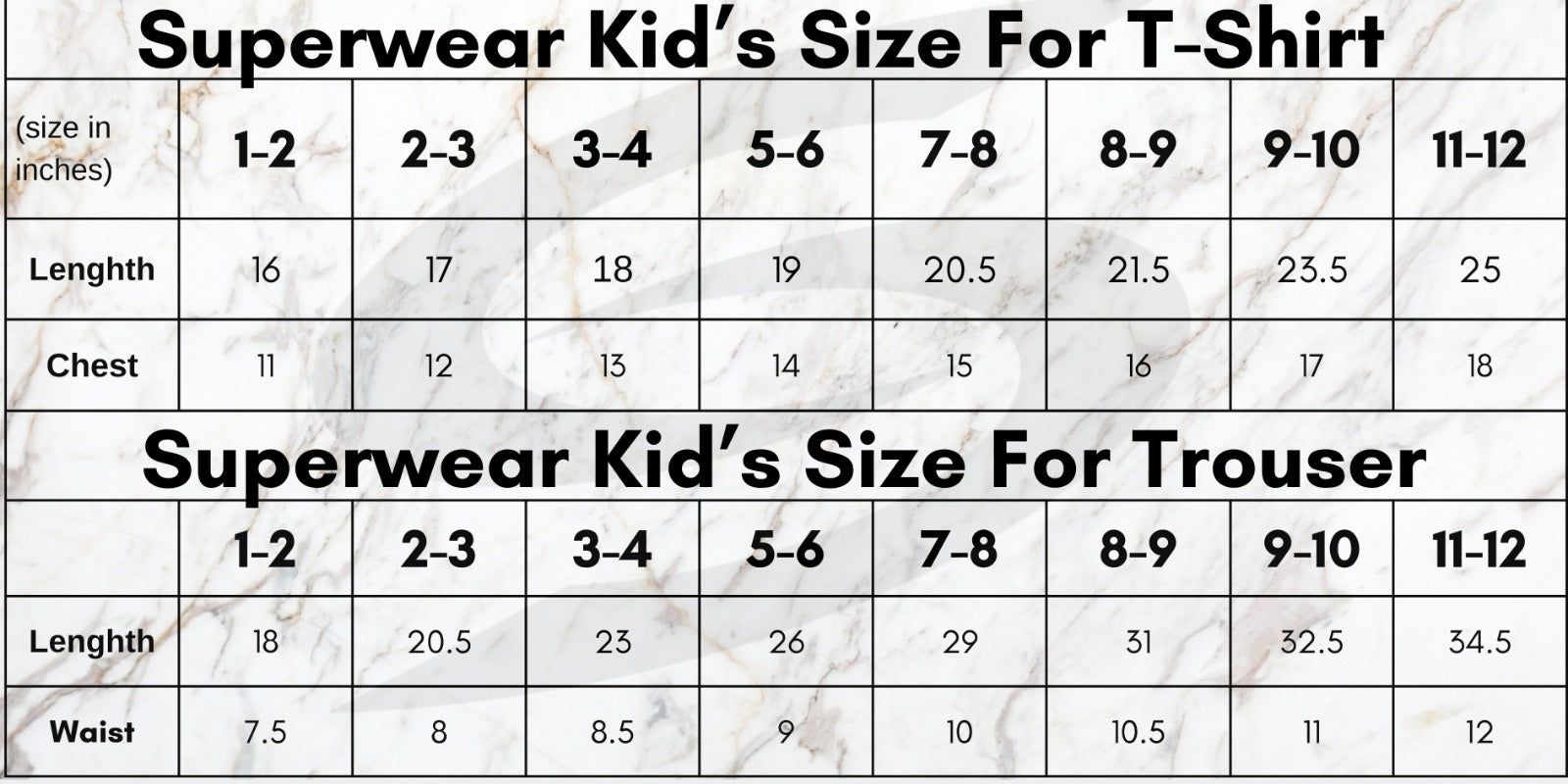 Kids size chart for Superwear's Like Father Like Son navy blue and gray combo clothing.