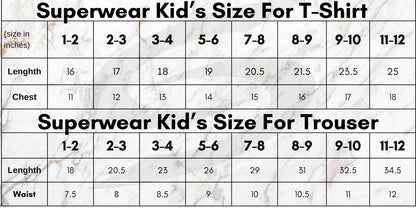 Kids size chart for Superwear's Like Father Like Son navy blue and gray combo clothing.