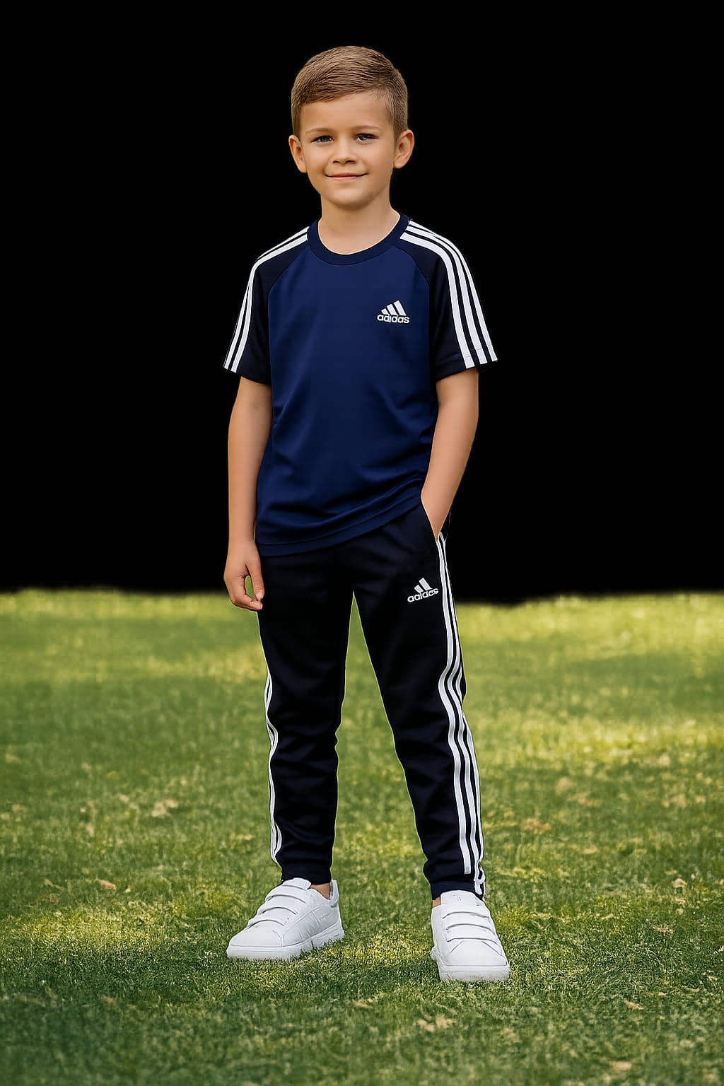Kid's navy blue and black dry-fit tracksuit by Superwear, featuring a comfortable athletic design for active kids.