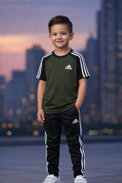 Kid's dry-fit tracksuit in olive green and black by Superwear, featuring a comfortable athletic design for active wear.