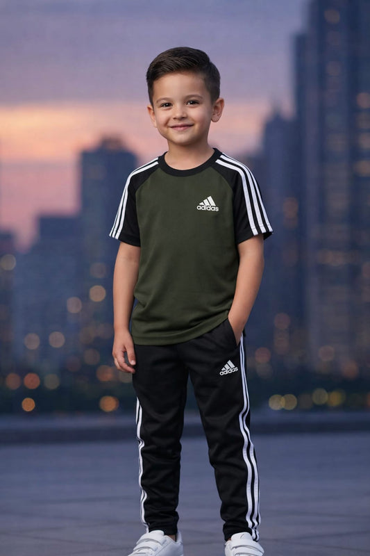 Kid's dry-fit tracksuit in olive green and black by Superwear, featuring a comfortable athletic design for active wear.