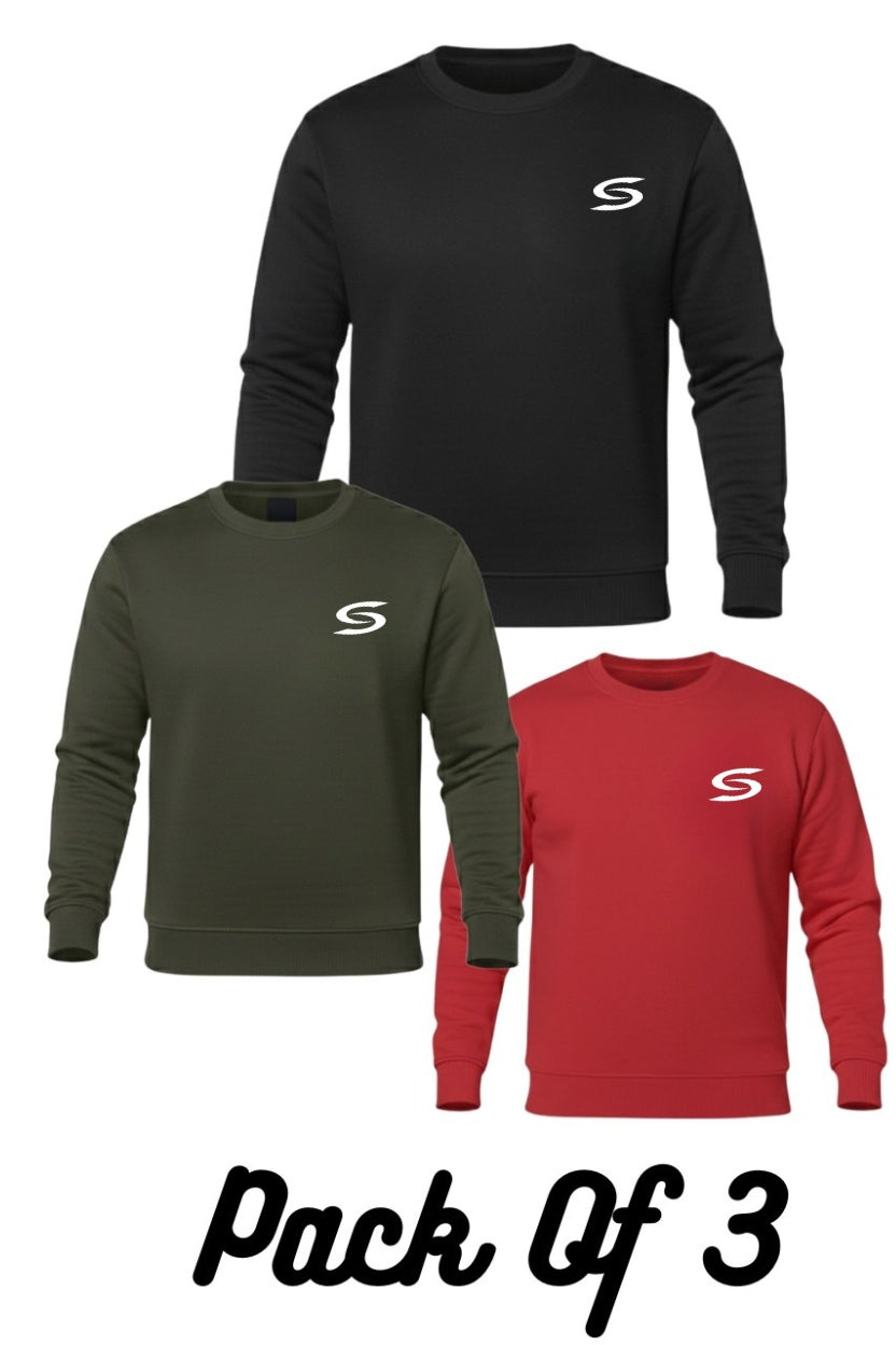 Premium Pack Of 3-Black+Olive Green+Red-Crew-Neck Sweatshirt. - Superwear