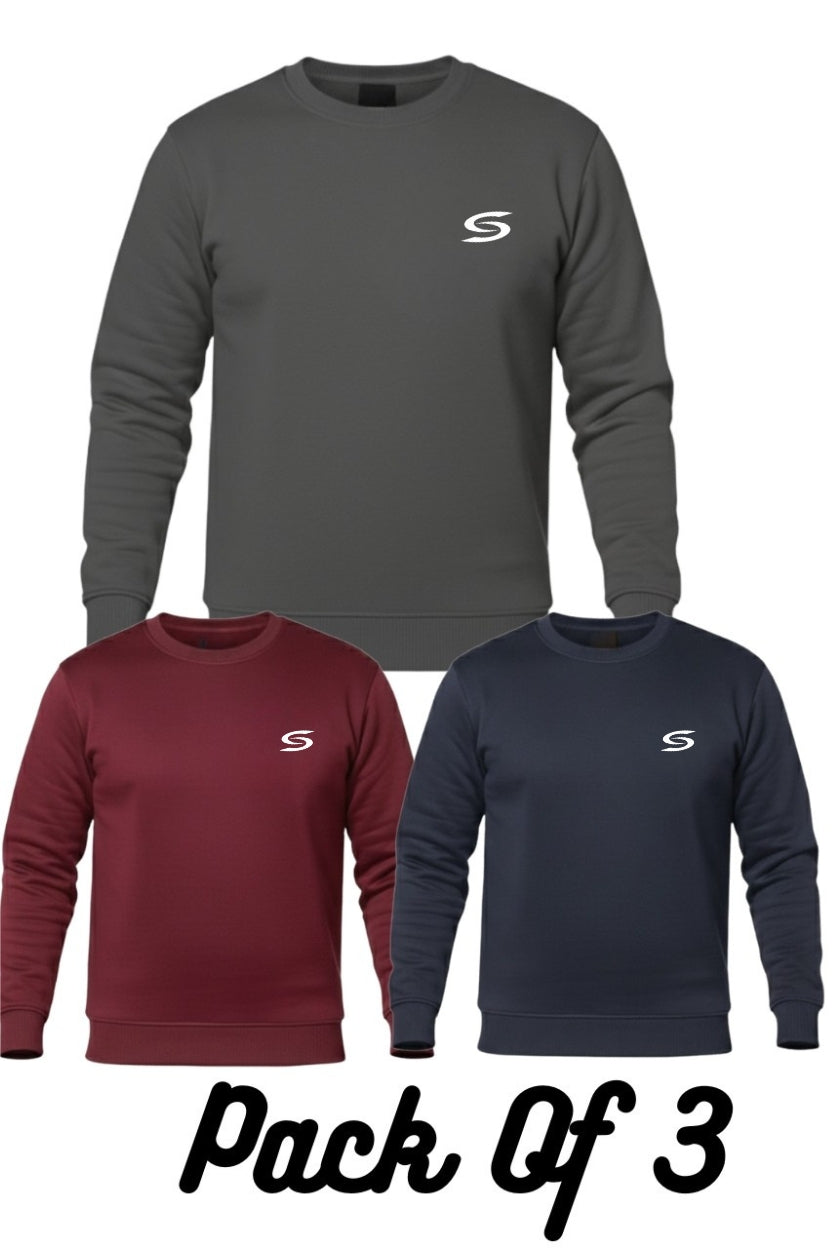 Premium Pack Of 3-Grey+Navy+Maroon-Crew-Neck Sweatshirt - Superwear