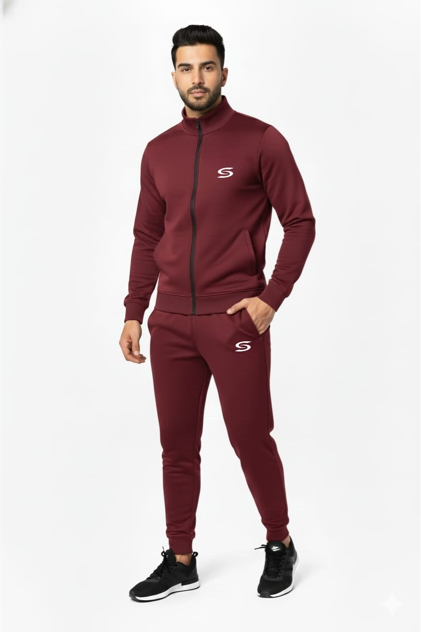 Maroon Mock Neck Full-Zip Tracksuit - Superwear