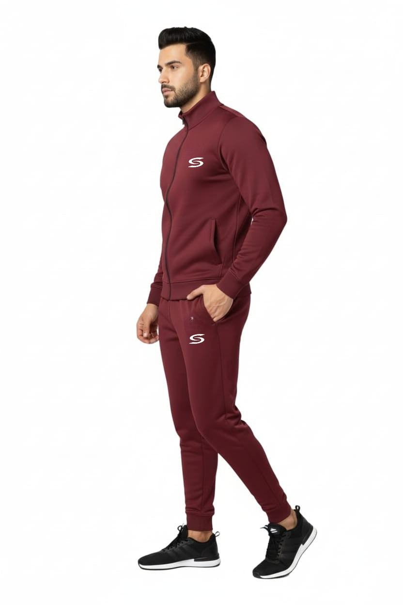 Maroon Mock Neck Full-Zip Tracksuit - Superwear
