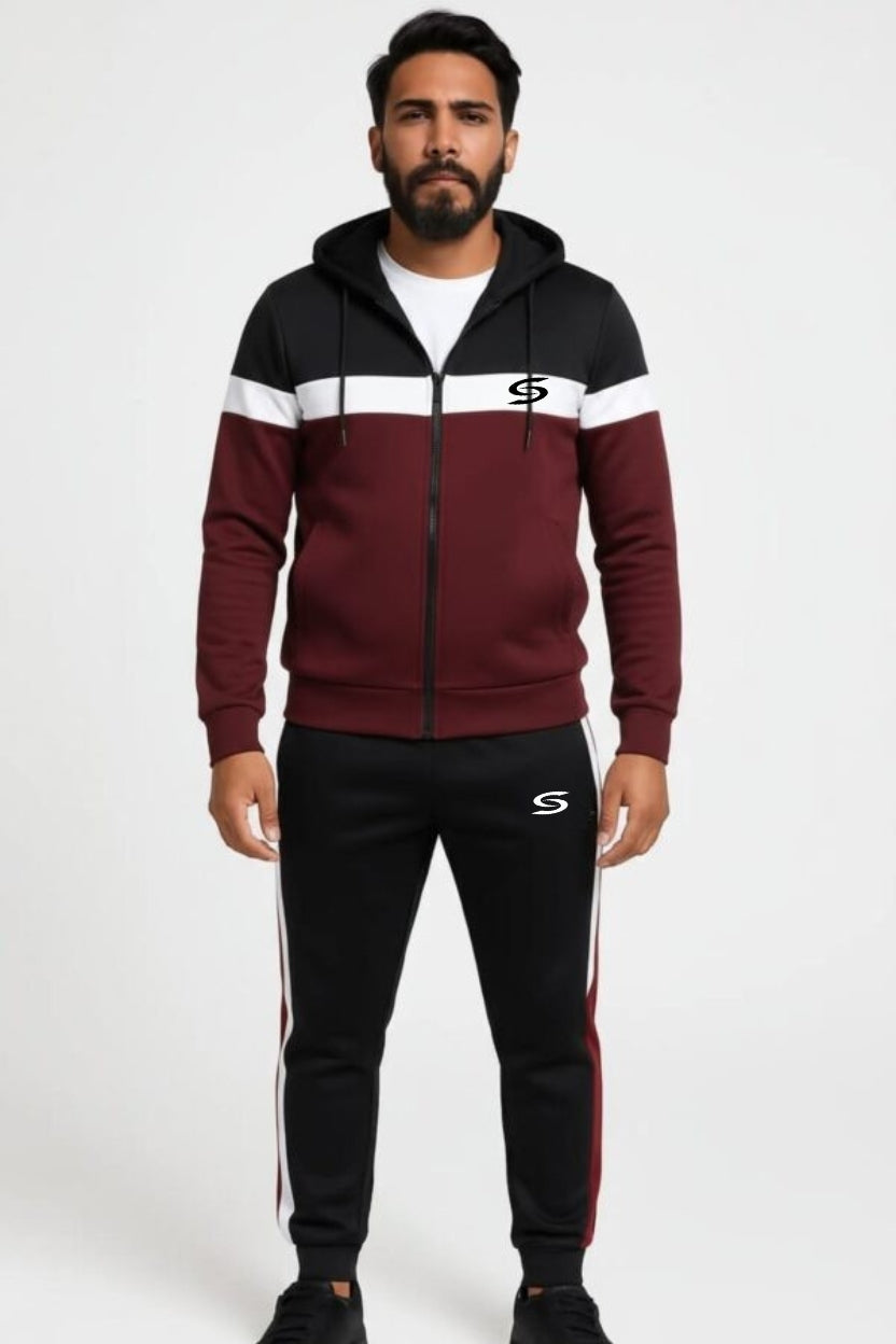 Premium-Maroon+Black & White Combo-Micro Fleece Tracksuit For Men - Superwear