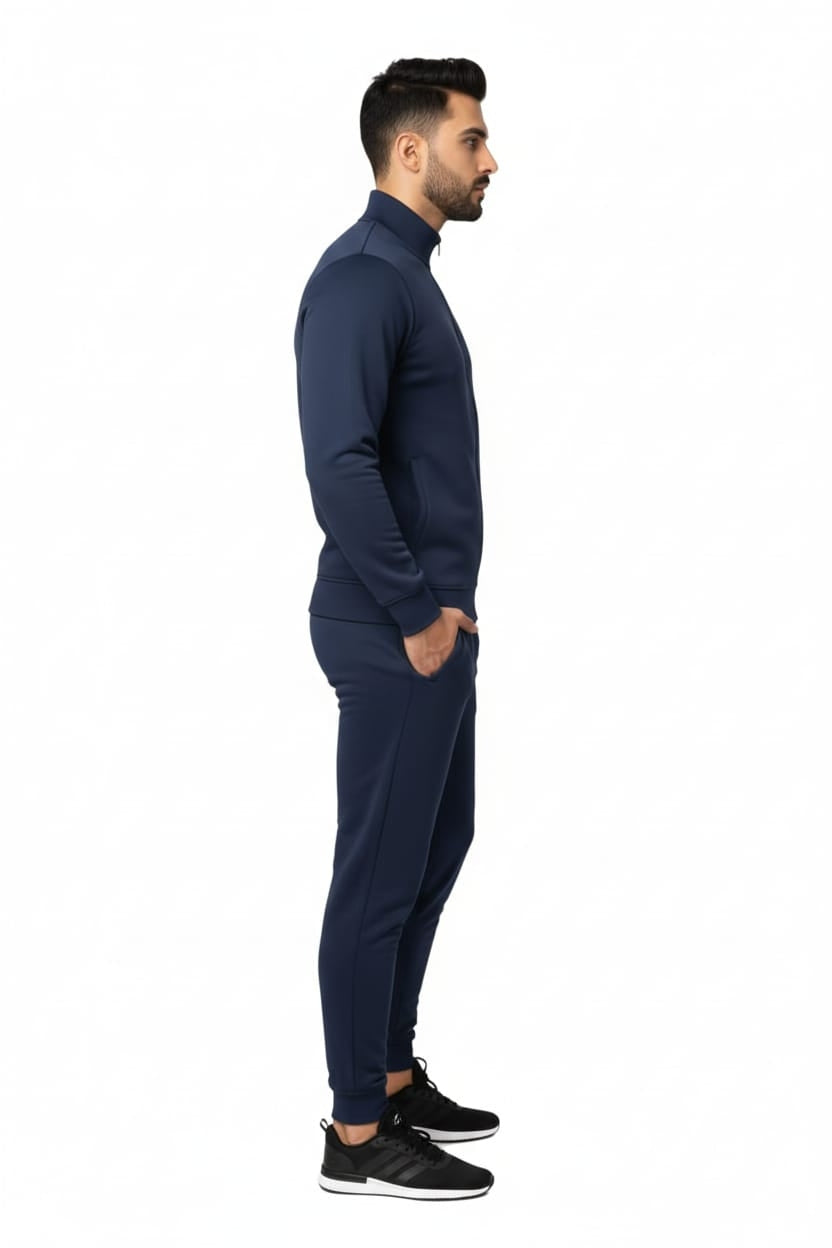 Navy Blue Mock Neck Full-Zip Tracksuit - Superwear