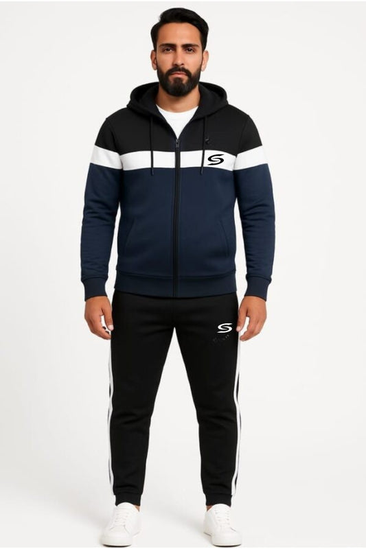 Premium-Navy+Black & White Combo-Micro Fleece Tracksuit For Men - Superwear