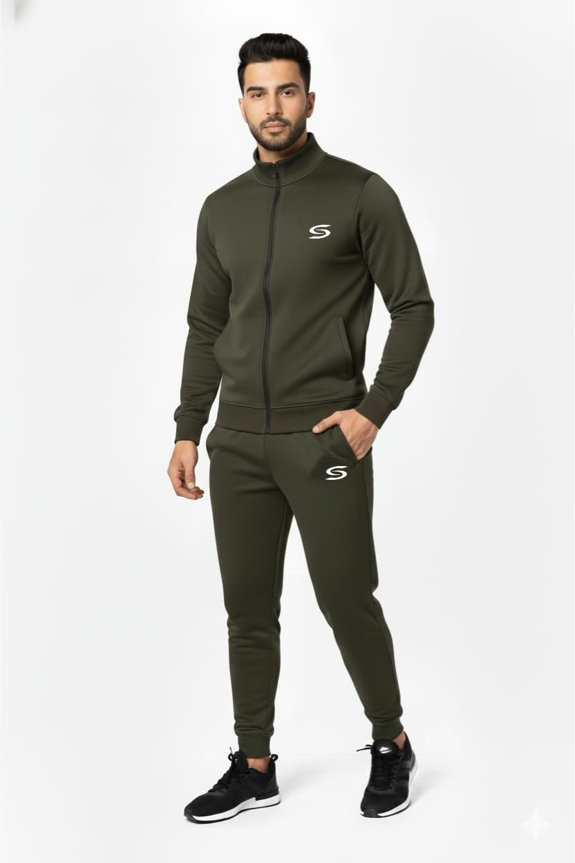 Olive Green Mock Neck Full-Zip Tracksuit - Superwear
