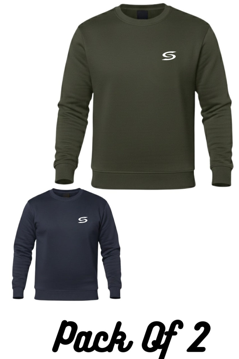 Premium Pack Of 2-Navy Blue+Olive Green-Crew-Neck Sweatshirt - Superwear