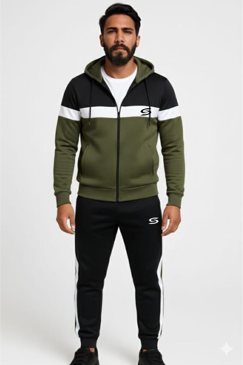 Premium-Olive Green+Black & White Combo-Micro Fleece Tracksuit For Men - Superwear